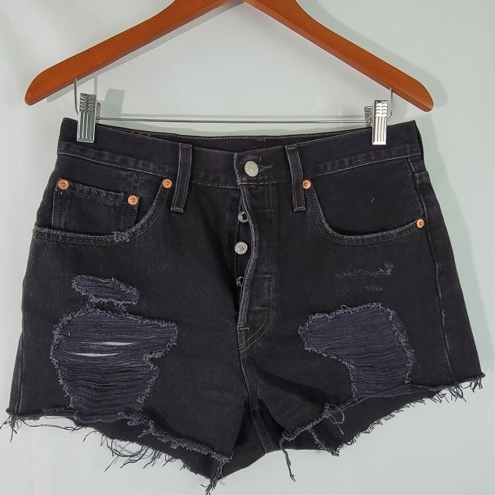 LEVI'S 501 Black Raw Hem Ribcage Button Fly Distressed Jeans Short Size 28